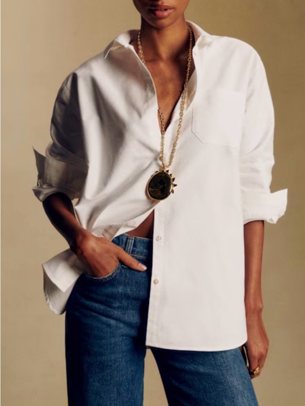 Sezane Ivory Max Relaxed Button-Down Blouse customized with red star embroided